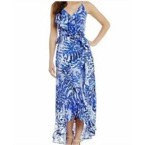 Gianni Bini Blue Palm Leaf Print Ruffle Wrap Spaghetti Strap Maxi Dress sz S
